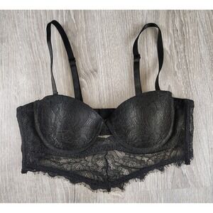 ABS Allen Schwartz Bralette M Black Underwire Pushup Lace Longline Bra Removable
